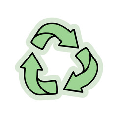 Hand-drawn recycling symbol with triangular arrows. Creative sticker symbolizing sustainability, eco-friendliness, and environmental responsibility. Vector illustration for green designs and recycling