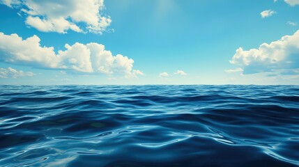 Obraz premium A vast expanse of blue ocean under a bright sky with puffy white clouds.