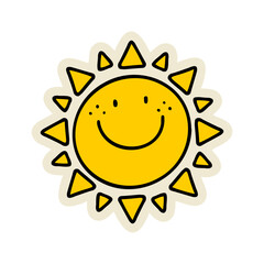 Hand-drawn sun illustration. Creative sticker symbolizing warmth, energy, and positivity. Vector illustration for summer designs, nature themes, and cheerful vibes