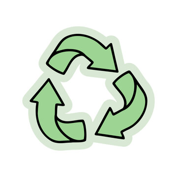 Hand-drawn recycling symbol with triangular arrows. Creative sticker symbolizing sustainability, eco-friendliness, and environmental responsibility. Vector illustration for green designs and recycling