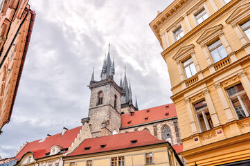 Fototapeta premium Prague, Czech Republic - July 16, 2024: The spires of Church of Our Lady before Týn in Prague in the Czech Republic 