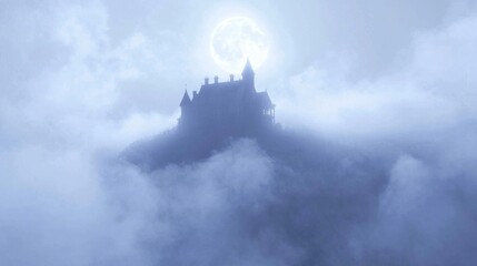 Fototapeta premium Eerie Haunted House on Hill in Moonlight - Ray Tracing Artwork of Spooky Manor with Foggy Surroundings