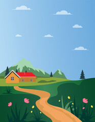 Naklejka premium Village landscape illustration of summer countryside nature view: sky, mountains, cozy village houses, cows, fields and meadows.