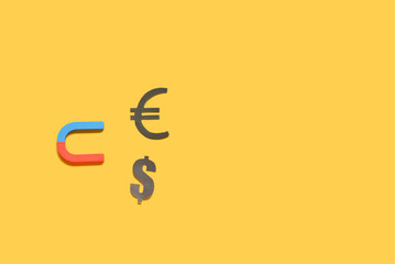 Magnet with dollar and euro signs on yellow background. Attracting investments concept