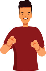 Friendly young man is pointing directly at you with both hands with a smile