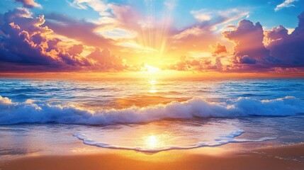 Obraz premium A vibrant sunset over the ocean with waves crashing on the sandy shore.