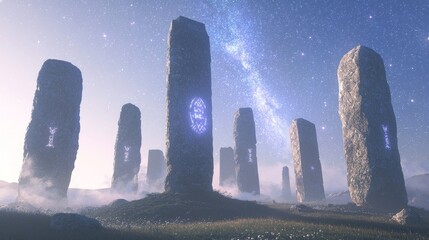 Mystical Stone Circle Illuminated by Starlight - Enchanting Ray Tracing Artwork of Ancient Monument with Glowing Runes and Swirling Mist