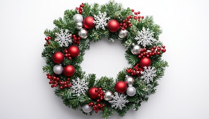 "Top-view shot of a Christmas wreath with sparkling snowflakes and silver bells, isolated white background, space for text."