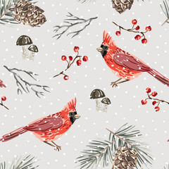 Christmas seamless pattern, cadinal birds, pine twigs, cones, red berries, mushrooms, snow, beige background. Vector illustration. Nature design. Season greeting. Winter holidays