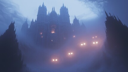 Fototapeta premium Haunting Enchantment - Stunning Ray Tracing Artwork of a Dark Castle with Glowing Eyes Peeking from Swirling Mist and Shadows