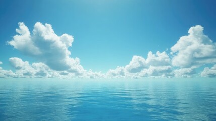 A wide shot of a bright blue sky with fluffy white clouds over a calm ocean.