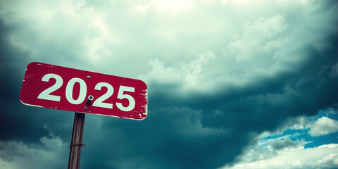 The lettering 2025 on or as a sign in front of a cloudy sky, future prospects for the coming year