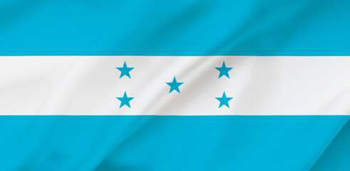 Honduras flag on waving silk background. Fabric texture. National icon of Honduras.