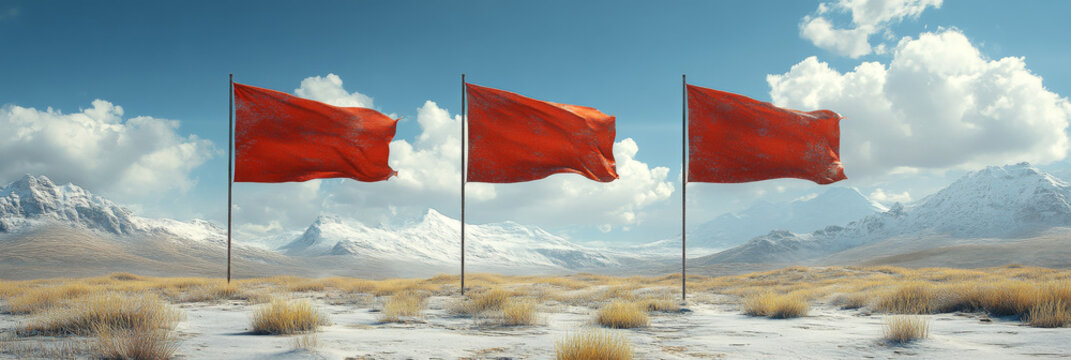 Three red flags wave in the wind against a backdrop of snowy mountains.