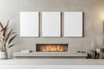 Minimalist Living Room Interior with Three Blank Canvases and Fireplace