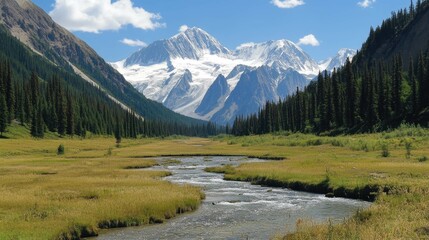 A winding river flows through a valley, surrounded by lush green trees and snow-capped mountains in the distance.