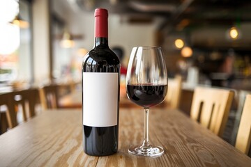 Red Wine Bootle Mockup on Wooden Background.