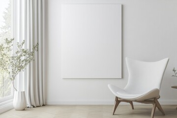 Spacious Living Room Interior with White Walls, Stylish Armchair, and Contemporary Decor