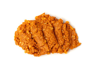 Paprika stew, Szczecin paprikash, traditional Polish fish spread with rice, tomato paste, vegetables on white