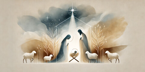 Watercolor painting representing Nativity scene in Bethlehem. Christmas scene illustration showing holy family baby Jesus in the manger Joseph and Mary. Banner. Copy space