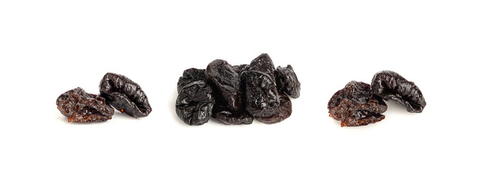 Dry Plums Isolated, Dried Black Fruits, Prune Group, Dry Plum Fruit on White Background