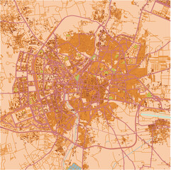 Map of Aleppo in Syria in a sandy theme. Contains layered vector with roads water, parks, etc.