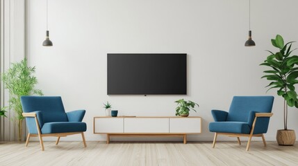 Modern Living Room Interior with Television Stand, Blue Armchair, and Plant on White Wall Background
