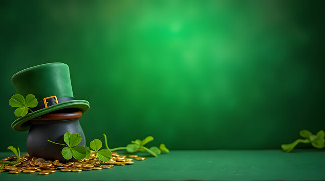 St. Patrick's Day banner with leprechaun hat, clover leaves and gold coins on green background with copy space. Generative AI