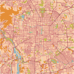 Map of Beijing in China in a sandy theme. Contains layered vector with roads water, parks, etc.