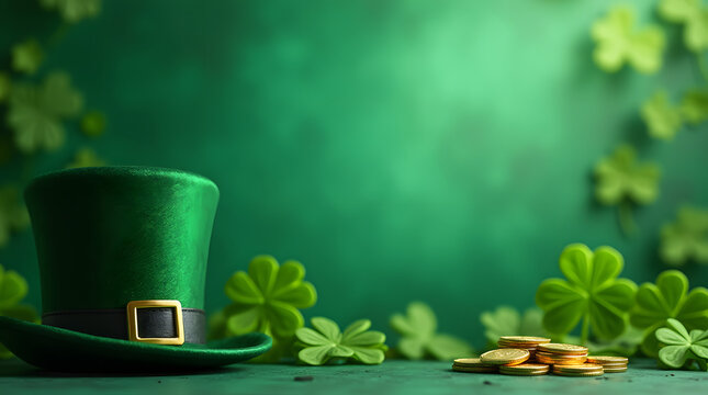 St. Patrick's Day banner with leprechaun hat, clover leaves and gold coins on green background with copy space. Generative AI