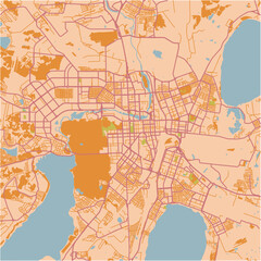 Map of Chelyabinsk in Russia in a sandy theme. Contains layered vector with roads water, parks, etc.