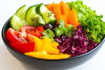 A bowl of mixed vegetables including tomatoes, cucumbers, lettuce, and cabbage