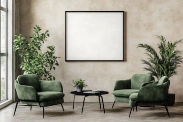 Modern Living Room Interior with Green Armchairs and Empty Frame on Beige Wall