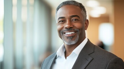 Fototapeta premium Confident MiddleAged African American Man in Professional Attire, Smiling in an Office Setting Ideal for Business and Corporate Use