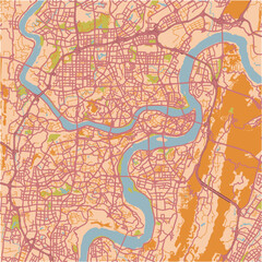 Map of Chongqing in China in a sandy theme. Contains layered vector with roads water, parks, etc.