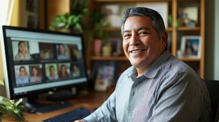 Middleaged Latino Man Participating in Virtual Meeting, Diversity Representation, Remote Work Scenarios, Home Office Setup