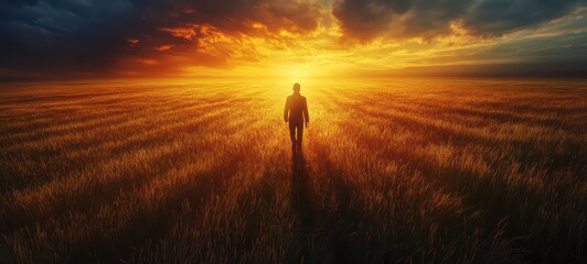 Fototapeta premium A lone figure walking through a vast, sunlit field of golden grass