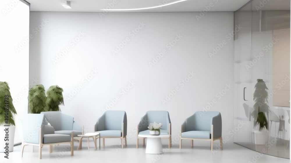 Poster Featuring a row of comfortable blue armchairs and a glass partition separating the waiting area from a modern office space