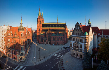 Legnica in Lower Silesian Voivodeship in south-western Poland, aerial view of town hall, gothic cathedral and market square