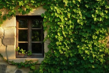 A window with ivy growing out of it. The ivy is green and lush, and it covers the entire window frame. The window is open, allowing the sunlight to shine through and illuminate the room