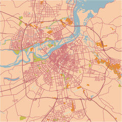Map of Harbin in China in a sandy theme. Contains layered vector with roads water, parks, etc.