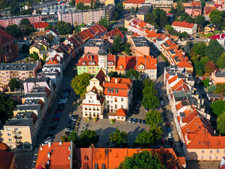 Woł&oacute;w near Wrocław in Lower Silesian Voivodeship in south-western Poland, aerial view of town hall and market square