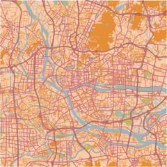 Map of Guangzhou in China in a sandy theme. Contains layered vector with roads water, parks, etc.