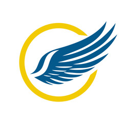A dynamic wing symbol with a yellow circle representing speed and freedom, suitable for various design applications