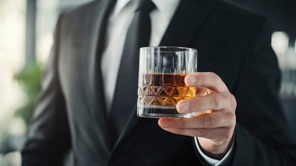 Businessman in black suit holding glass of whiskey Celebrate company success close-up with generaative ai