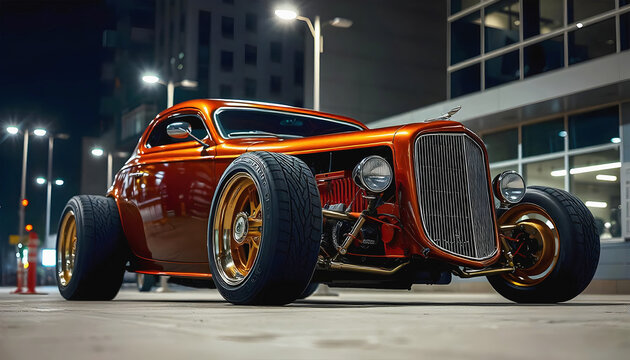 Beautiful unique brown orange vintage hot rod car parked in the street , automotive background, tuning template, auto transport