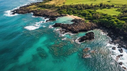Aerial view of a secluded beach with turquoise water, black volcanic rocks, and lush green vegetation.