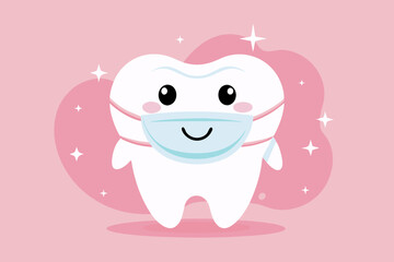 Cute Tooth Emoji with Medical Mask and Sparkles
