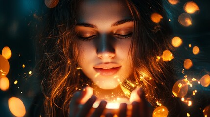 Magical portrait of a woman holding glowing lights