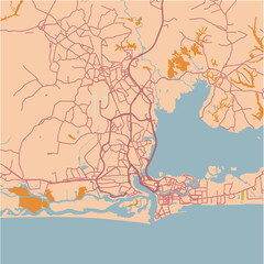 Map of Lagos in Nigeria in a sandy theme. Contains layered vector with roads water, parks, etc.